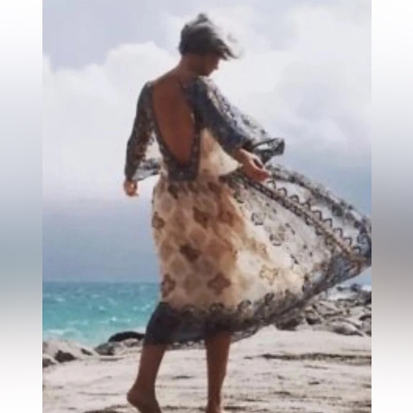 Free People One Day Dress Special Edition Blue Tan Chiffon Sz XS - Picture 4 of 9